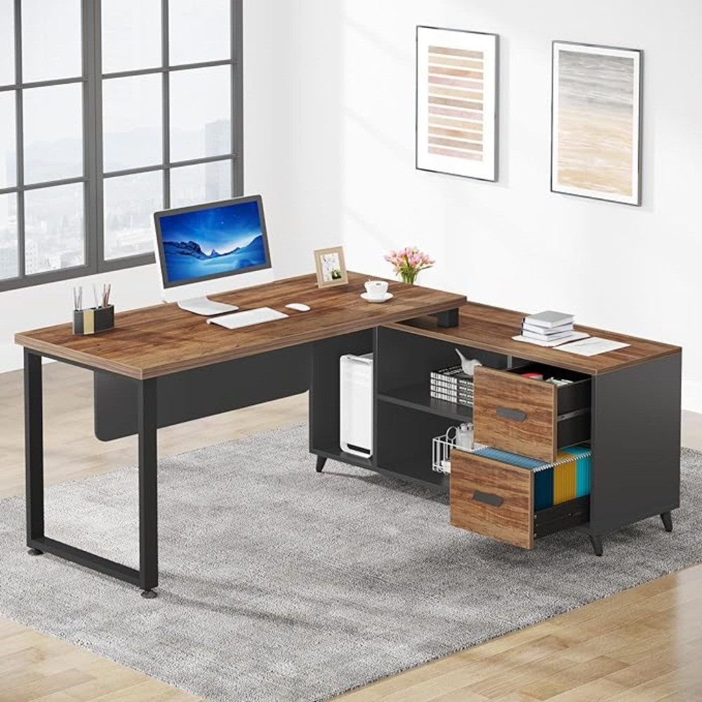 Tribesigns L-shaped desk with open cabinet and drawers on right
